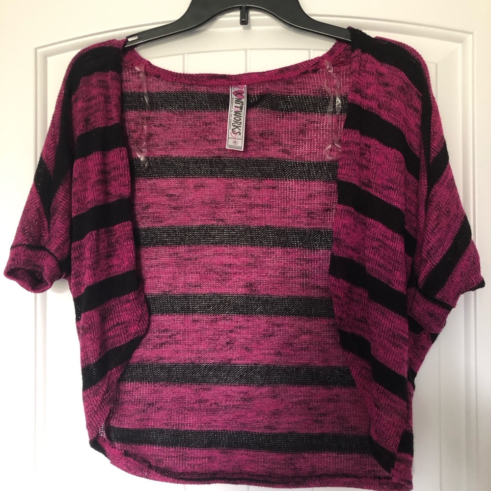 Knitworks Cardigan Girls Size Medium Pink Black Striped Short Sleeve‎
